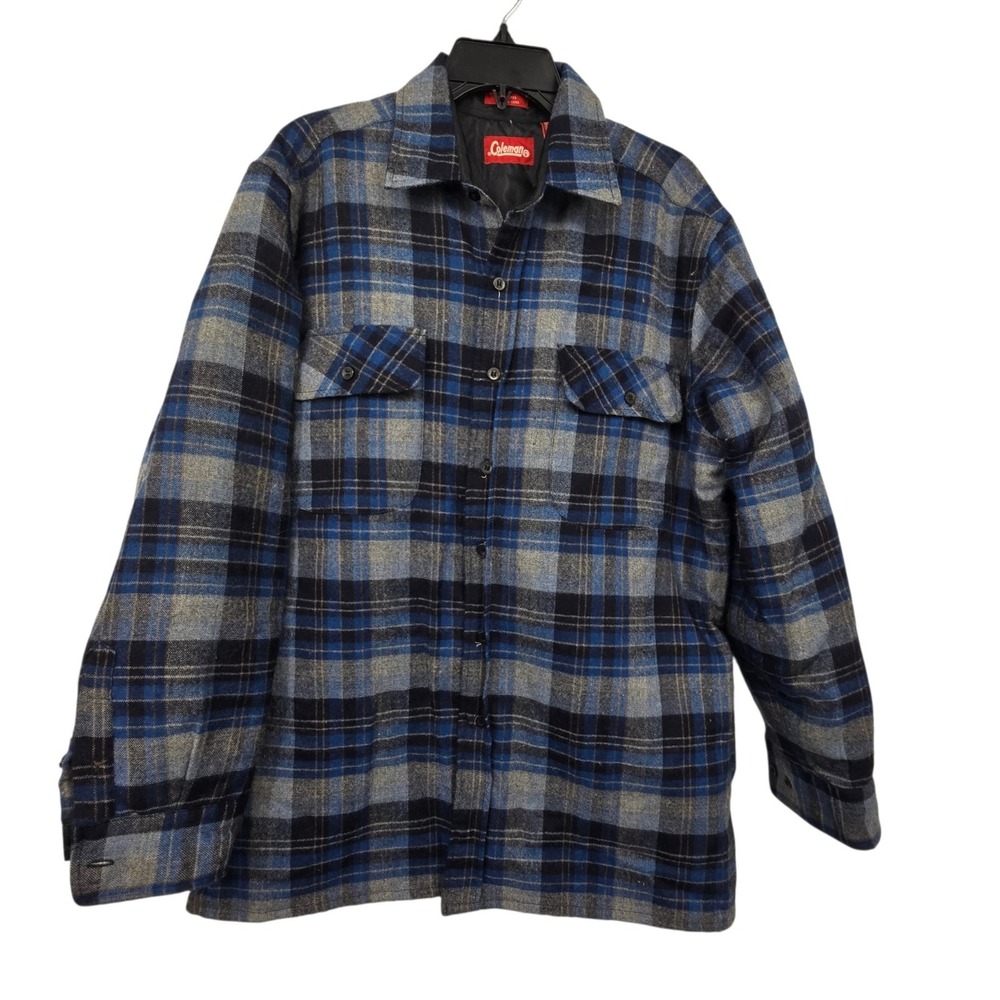 Vintage 90s Coleman Flannel Shirt Mens L Plaid Quilted Jacket Wool Blend Camping